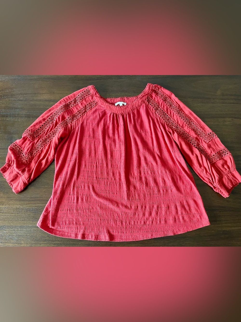 Skies Are Blue Coral Red Crochet-Sleeve Peasant Blouse